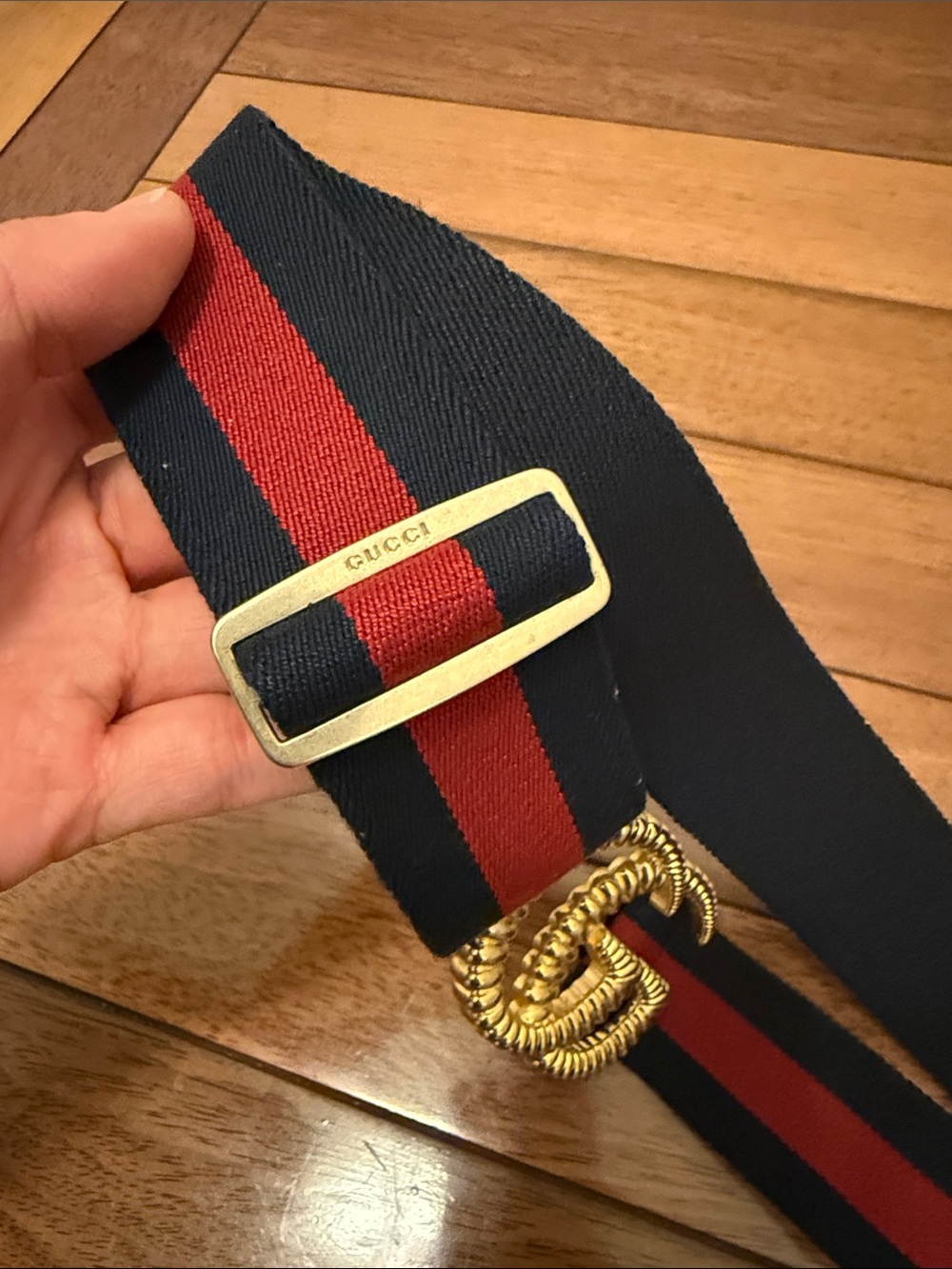 Gucci Navy and Red Elastic Belt with Gold Double G Buckle - Picture 4 of 7